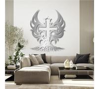 Croce in Metallo argentato e Albero Della Vita, decorazione murale Religiosa Cristiana in Metallo per esterni, decorazione artistica con Croce e Albero, scultura Moderna per soggiorno, CAM