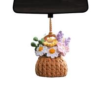 Crochet Car Mirror Accessories | 2.7 Inch Hand Woven Plant Basket Decor | Handmade Knitted Flora Flower Ornament for Rearview Mirror | Cotton Thread Hanging Interior Aesthetic Charm, 1 Piece