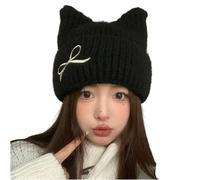 Crochet Cat Ear Beanie for Women, Fuzzy Winter Hat, Stretch Knit Slouchy Beanie, Christmas Birthday Gift (Black,One Size)