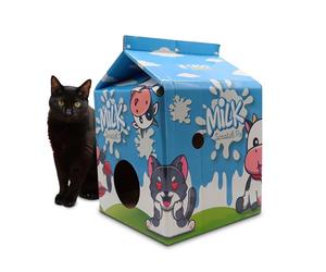 Croci Milk Carton - Rascador De Cartón Para Gatos Adultos, Caja Cerrada Con Interior Rascable, 100% Reciclable, Bolsa De Hierba Gatera Incluida, 34X34X49 Cm