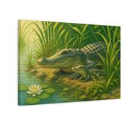 Crocodile By The Reeds Canvas Print - Kids Room, Playroom Wall, Green 24×16 inch (60×40 cm) - Horizontal / 1.25 inch (3 cm)