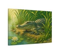 Crocodile By The Reeds Canvas Print - Kids Room, Playroom Wall, Green 30×20 inch (75×50 cm) - Horizontal / 1.25 inch (3 cm)