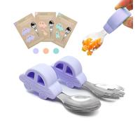 CROCOKID® Set Cubiertos Bebe/Cubiertos aprendizaje bebe 1 año/Cuchara Bebe + Tenedor Bebe/Cubiertos para Coche de Bebe/Vajilla y Cubiertos Infantil, Silicona + Acero Inoxidable (LILA)