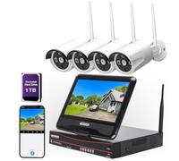 Cromorc Sistema de cámara de seguridad inalámbrica expandible de 10 canales con monitor de 10.1 pulgadas, 4 unidades de 5 MP, cámara para interiores y exteriores, audio de 1 vía, visión nocturna