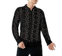 Crongless Camisa de manga larga para hombre, diseño floral transparente, con botones de encaje, para fiesta, Negro , M