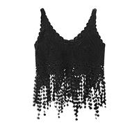 Crop de ganchillo hueco para mujer para camiseta de tirantes de punto de encaje borla Sheer Playa Cami Ve Crochet Tank Tops para las mujeres, Negro , Talla única