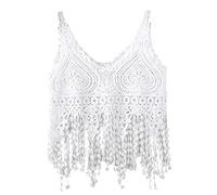 Crop de ganchillo hueco para mujer para camiseta de tirantes de punto de encaje borla Sheer Playa Cami Ve Crochet Tank Tops para las mujeres, Blanco, Talla única