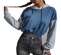 Crop Sport - Sudaderas con capucha para mujer, estilo casual, recortada, a la moda, suave, bloque de color, manga larga, sudadera con capucha estilo campestre, linda y lisa, vintage 2025, azul, M