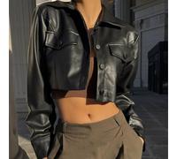 Crop Style - Chaqueta de motociclista para mujer en piel sintética con ajuste delgado, cierre de botón y mangas largas, ideal para trajes casuales de otoño y verano (M, negro)