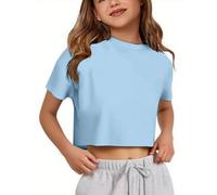 Crop T-Shirt für Mädchen Oversize Sport Tops Cropped Shirts Rundhals Loose Bauchfrei Sommertop Kurz T-Shirts Kurzarm Lockeres Basic Fitness Shirt Sommer Yoga Laufen Training Oberteil, O Sky Blue, 160