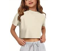Crop T-Shirt für Mädchen Oversize Sport Tops Cropped Shirts Rundhals Loose Bauchfrei Sommertop Kurz T-Shirts Kurzarm Lockeres Basic Fitness Shirt Sommer Yoga Laufen Training Oberteil, O beige., 140 cm
