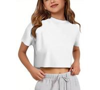 Crop T-Shirt für Mädchen Oversize Sport Tops Cropped Shirts Rundhals Loose Bauchfrei Sommertop Kurz T-Shirts Kurzarm Lockeres Basic Fitness Shirt Sommer Yoga Laufen Training Oberteil, O blanco., 150
