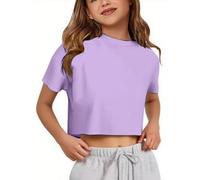 Crop T-Shirt für Mädchen Oversize Sport Tops Cropped Shirts Rundhals Loose Bauchfrei Sommertop Kurz T-Shirts Kurzarm Lockeres Basic Fitness Shirt Sommer Yoga Laufen Training Oberteil, O Púrpura, 120