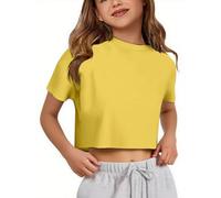 Crop T-Shirt für Mädchen Oversize Sport Tops Cropped Shirts Rundhals Loose Bauchfrei Sommertop Kurz T-Shirts Kurzarm Lockeres Basic Fitness Shirt Sommer Yoga Laufen Training Oberteil, O amarillo., 150