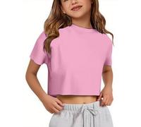 Crop T-Shirt für Mädchen Oversize Sport Tops Cropped Shirts Rundhals Loose Bauchfrei Sommertop Kurz T-Shirts Kurzarm Lockeres Basic Fitness Shirt Sommer Yoga Laufen Training Oberteil, O rosa., 140 cm