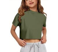 Crop T-Shirt für Mädchen Oversize Sport Tops Cropped Shirts Rundhals Loose Bauchfrei Sommertop Kurz T-Shirts Kurzarm Lockeres Basic Fitness Shirt Sommer Yoga Laufen Training Oberteil, O Ejército Verde