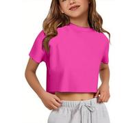 Crop T-Shirt für Mädchen Oversize Sport Tops Cropped Shirts Rundhals Loose Bauchfrei Sommertop Kurz T-Shirts Kurzarm Lockeres Basic Fitness Shirt Sommer Yoga Laufen Training Oberteil, O Rosa Caliente