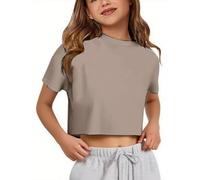 Crop T-Shirt für Mädchen Oversize Sport Tops Cropped Shirts Rundhals Loose Bauchfrei Sommertop Kurz T-Shirts Kurzarm Lockeres Basic Fitness Shirt Sommer Yoga Laufen Training Oberteil, O Khaki, 120 cm