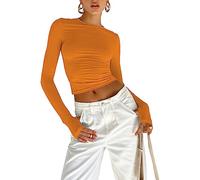 Crop Top Corto Sexy de Mujer Camiseta Ajustada Básica de Manga Larga Top Blusa Delgada de Color Sólido T-Shirt Bodycon Slim Fit para Mujer Clubwear Fiesta Bar Noche Discoteca (Naranja, M)