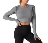 Crop Top Damen Casual Einfarbig Bauchfreie Tops leichte Langarmshirt Slim Rundhals Bluse Basic Trainingsshirt Dünne Langarm Tshirt Longsleeve T-Shirt Fitnessshirt, gris, M