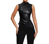 Crop Top de piel sintética sin mangas para mujer, parte superior de látex, cuello alto de poliuretano, corte ajustado, parte superior de piel sintética, chaleco de moto con cuello pilado, cremallera