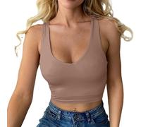 Crop Top Mujer Cuello Tank Top sin Mangas Verano Tops Slim Fit Sport Crop Tops Corsé Top Basic Shirt Camisola Bustier con Acolchado, marrón, L