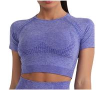 Crop Top Sport Damen Sport Laufshirt Sportoberteil Running Top Gym Training Racerback Fitness Tee Atmungsaktivnendes Shirts Yoga Sommer Kurzarm leicht Cropped Oberteil, O Azul Oscuro, L