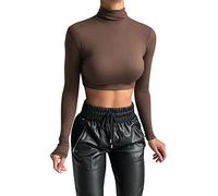 Crop Tops Damen Long Sleeve Turtleneck T Shirt Basic Langarm Skinny Sexy Top Bodycon Bauchfreies Mode Solid Blusentop Hot Figurbetont Bauchfrei Oberteil bequem Freizeitoberteile, café, L