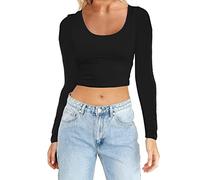 Crop Tops de yoga ajustados de manga larga para mujer, camisetas de entrenamiento y blusas, Negro , XXL