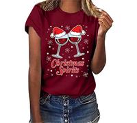 Crop Tops Mujer Navidad Copa de vino Copos de Nieve Impresión O Cuello Manga Corta Camiseta Suelta Blusa Tops Pantalones de Trabajo Mujer Cuidado, Vino, S