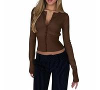 Cropped Cardigan Sweater for Women Button Front Long Sleeve Slim Fit (Brown,M)