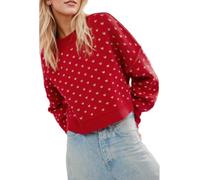 Cropped Knit Sweater For Women Oversized Crew Neck Heart Motif Pullover (Red,S)