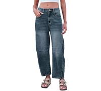 Cropped Loose Boyfriend Jeans Wide Leg Damen Baggy Barrel Jeans Mid Rise Ankle Denim Hose mit Taschen Balloon Horseshoe Jeanshose 7/8 Jeans Locker Freizeithose
