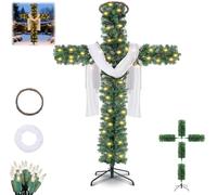 Cross Christmas Tree, 6Ft Pre-Lit Artificial Pine Cross with Light String White Scarves Wooden Rattan Ring, Large Foldable Xmas Crosses for Home Indoor Outdoor Church Decoration