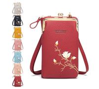 Crossbody Phone Purse for Women, Vintage Embroidered Floral Phone Wallet, Small Leather Zip Coin Bag, Built-in Card Slot (wine red,TYPE A)