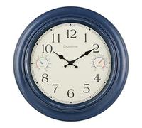 Crosstime Reloj grande de 18 pulgadas para exteriores con termómetro e higrómetro, reloj de pared retro silencioso impermeable para patio, piscina, jardín, decoración de patio trasero, color azul