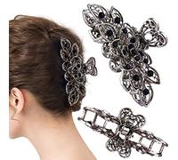CROWN GUIDE Pinzas de mandíbula para el pelo de lujo para mujer, diseño vintage con flores de cristal de diamantes de imitación, accesorios para el cabello grueso, color azul marino