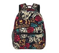 Crown Skull Dice Keys Diamond Red Rose Skull Pattern Mochila Poliéster duradero Antirrobo Bolsa de transporte multiusos Mochila de viaje y deporte de gran capacidad Mochila con cremalleras suaves