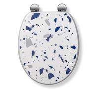 Croydex Asiento de inodoro con estampado de terrazo azul con bisagras Flexi-Fix, revestimiento antibacteriano, madera duradera con certificación FSC y se adapta a sartenes estándar del Reino Unido