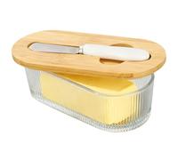 CRROEL Mantequera de cristal con tapa de madera, 350 ml, con cuchillo de mantequilla, sin BPA, transparente para 250 g de mantequilla para el hogar y la cocina