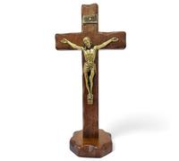 Crucifijo de madera, montado en la pared, latón Cristo, fabricado en Umbría, Italia, (27 x 13 cm)