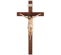 Crucifijo de pared - Crucifijo de pared de madera de olivo de 14 pulgadas, pintado a mano, resina Jesús sobre crucifijo de madera, decoración católica del hogar, regalos religiosos