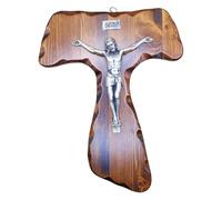 Crucifijo Tau de madera - de pared - Cristo de plata - Fabricado en Italia - (27,5 x 22,5 cm)