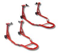 CRUIZER Caballete delantero para moto con enganches de conos + caballete trasero con placas ajustables con ruedas subyacentes, barras y refuerzos laterales. Carga máxima de 600 kg