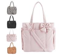 Crush Bow Tote Bag for Women,Lightweight Puffy Quilted Bow Handbag Shoulder Bag with Compartments for Daily,Work,Travel,Beach (pink)