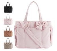 Crush Bow Tote Bag, Lightweight Crush Bow Tote Bag For Women, Stylish Handbag for Work with Compartments (Pink)