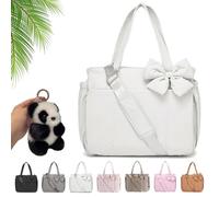 Crush Bow Tote Bag, Quilted Puffer Crossbody Bag Lightweight Multi Pockets, Large Capacity Fits 15.6" Laptop (Gray-White)
