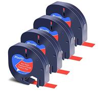 Cruxer Compatible con cinta de plástico negro sobre rojo 91203 (12 mm x 4 m) para Dymo LetraTag LT110T, LT100H, LT100T, QX50, XR, XM, 2000 Plus, 4PK
