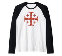 Cruz de Jerusalén de los Caballeros Templarios, Color Rojo Envejecido Camiseta Manga Raglan