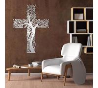 Cruz de Jesús de Metal Plateado con Rama de árbol, Arte de Pared, decoración de Pared con árbol Espiritual de Metal, Escultura Moderna Decorativa de Cruz de Jesús para Sala de Estar, Dorm
